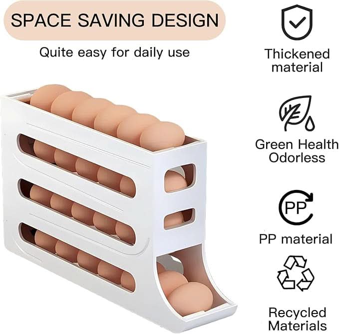 EggFlow Premium Refrigerator Egg Organizer showing three tiers of eggs with icons for material and design features