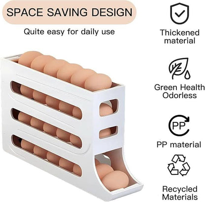EggFlow Premium Refrigerator Egg Organizer showing three tiers of eggs with icons for material and design features