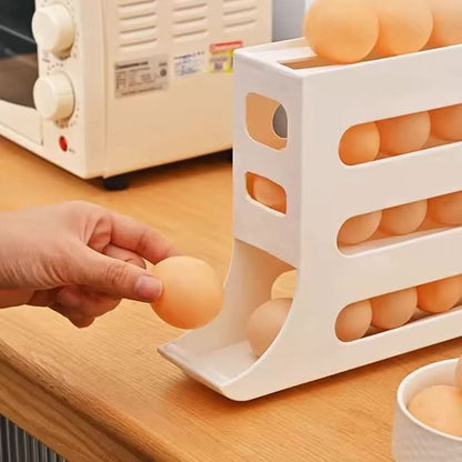 Hand placing an egg into the EggFlow Premium Refrigerator Egg Organizer