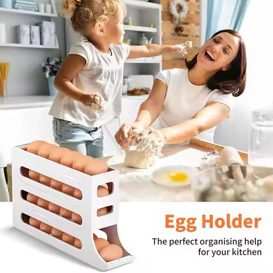 EggFlow Premium Refrigerator Egg Organizer filled with eggs on a kitchen counter