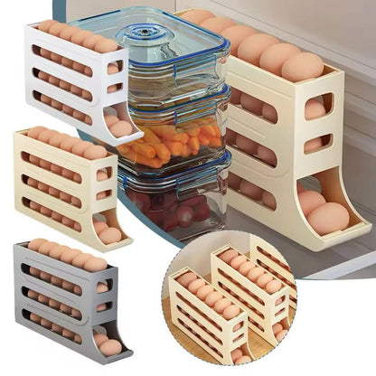 EggFlow Premium Refrigerator Egg Organizer in various colors with stacked food containers