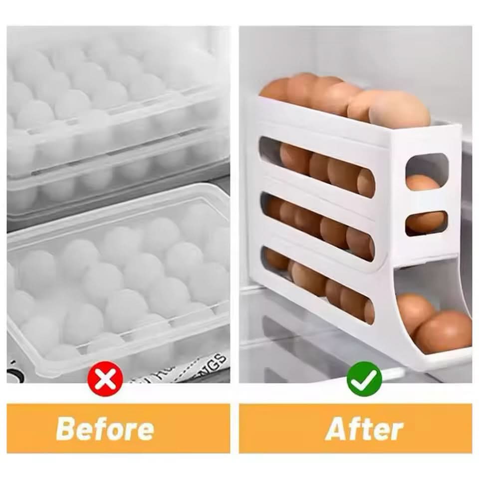 Before and after comparison using EggFlow Premium Refrigerator Egg Organizer to store eggs