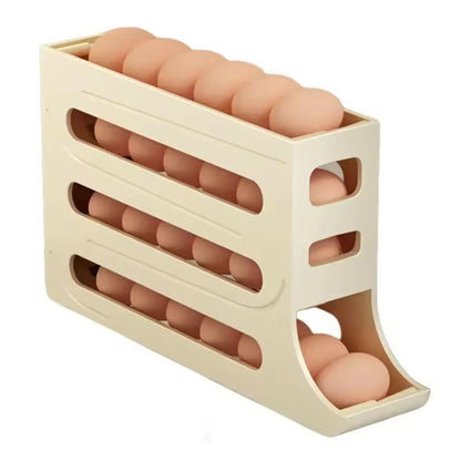EggFlow Premium Refrigerator Egg Organizer with three tiered rolling tracks filled with brown eggs